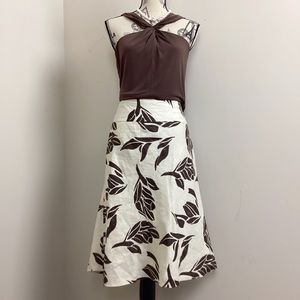 H&M Women’s Cream Brown Leaves 🍃 Print Linen Full Midi Skirt